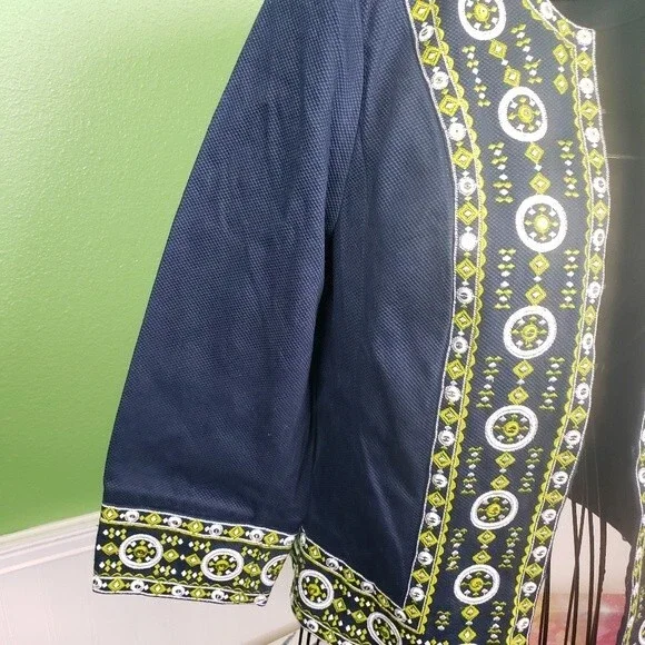 Victor Costa Womans Navy Blue Cotton Green Geometric Embroidered Jacket size sm - Picture 7 of 11